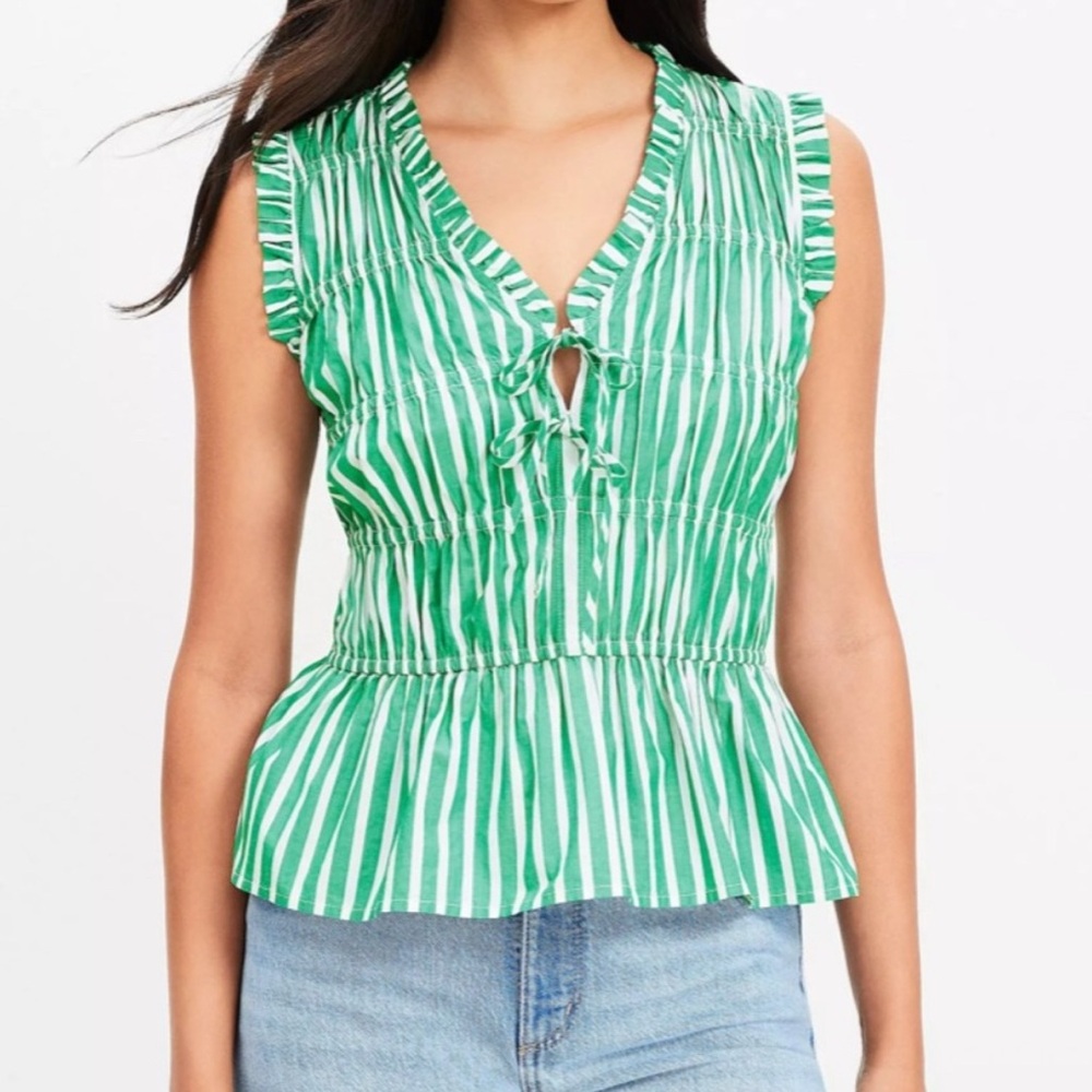 NWT LOFT Green and White Striped Poplin Bow Peplum Shell Blouse - small
